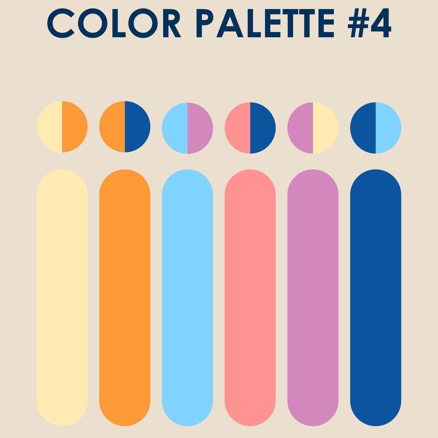 A digital graphic displaying 'COLOR PALETTE #4' with eight vertical color bars and matching circular swatches in pastel yellow, orange, light blue, pink, purple, and navy on a beige background. The text 'Izabella lgret' and '@brozo.