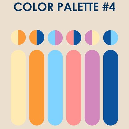 A digital graphic displaying 'COLOR PALETTE #4' with eight vertical color bars and matching circular swatches in pastel yellow, orange, light blue, pink, purple, and navy on a beige background. The text 'Izabella lgret' and '@brozo.