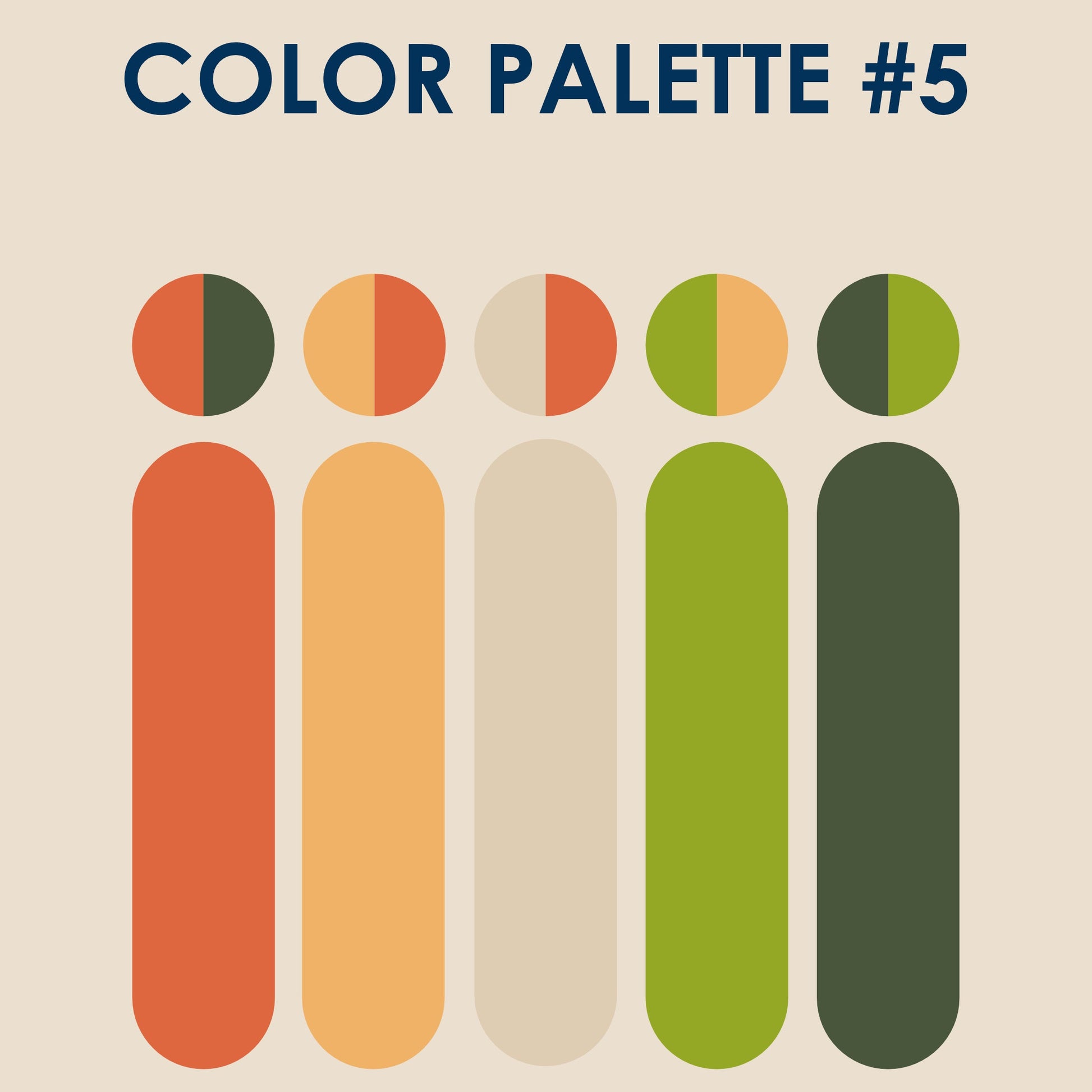 A flat color palette graphic titled 'COLOR PALETTE #5' on a warm beige background, showing six vertical rounded color blocks in orange, peach, cream, green, olive, and dark green, with the text 'Izabella Igret' and '@brozo.handmade' below.