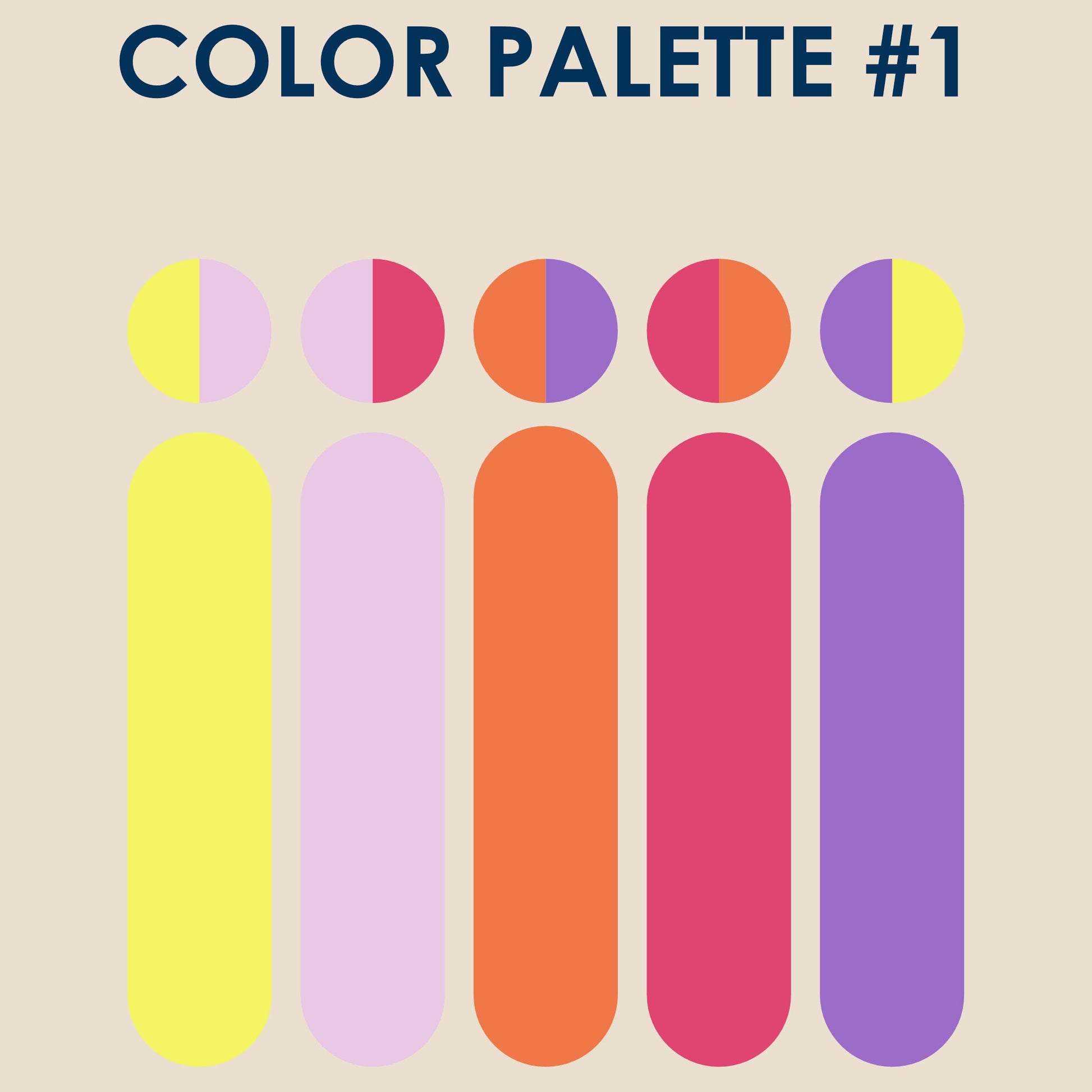 A flat graphic titled 'COLOR PALETTE #1' on a warm beige background, showing six vertical rounded color blocks in yellow, pink, orange, red, and purple, with the text 'Izabella Igret' and '@brozo.handmade' below.