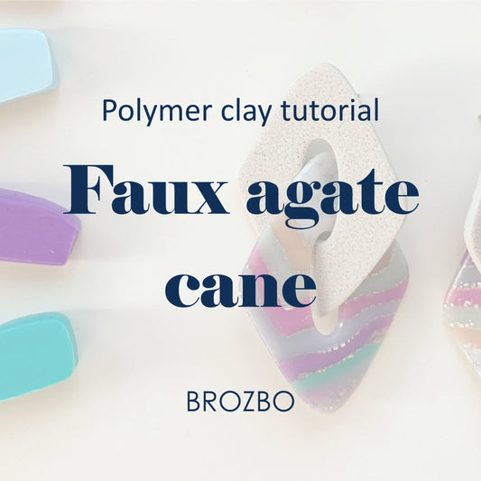 A polymer clay tutorial graphic for making faux agate cane earrings, showing three colored clay slabs in light blue, purple, and turquoise alongside two finished earrings with pastel striped details on a white background.