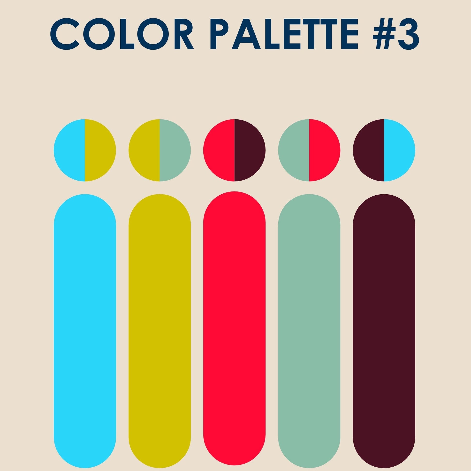 A digital graphic displaying 'COLOR PALETTE #3' with six vertical color bars and matching circular color segments above them. The colors include light blue, chartreuse yellow, bright red, sage green, dark plum, and light blue/red split.