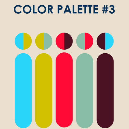 A digital graphic displaying 'COLOR PALETTE #3' with six vertical color bars and matching circular color segments above them. The colors include light blue, chartreuse yellow, bright red, sage green, dark plum, and light blue/red split.