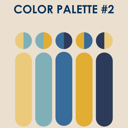 A digital graphic displaying 'COLOR PALETTE #2' with six vertical color blocks in shades of yellow, light blue, medium blue, and navy, paired with matching circular color swatches above them. The text 'Izabella Igret' and '@brozbo.