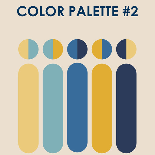 A digital graphic displaying 'COLOR PALETTE #2' with six vertical color blocks in shades of yellow, light blue, medium blue, and navy, paired with matching circular color swatches above them. The text 'Izabella Igret' and '@brozbo.